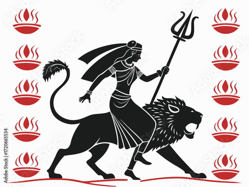 Goddess Durga with Lion Vector Illustration | Durga Puja