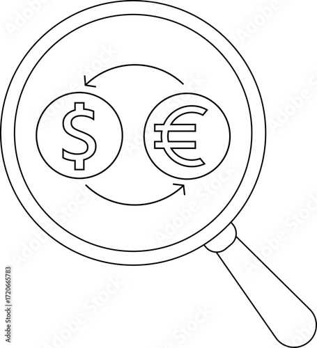 magnifying glass icon and icon to convert US dollar coins to euro coins