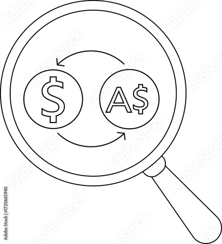 magnifying glass icon and icon to convert US dollar coins to Australian dollar coins