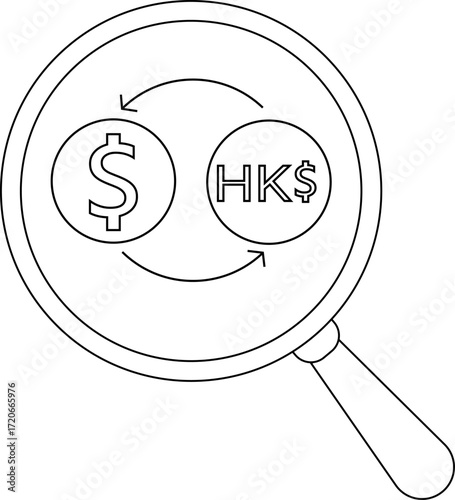 magnifying glass icon and icon to convert US dollar coins to Hong Kong dollar coins