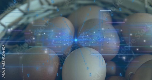 Small blue point of light initiating translucent grid scanning across brown eggs in woven basket