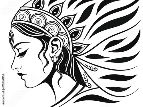 Artistic Line Drawing of Goddess Durga Face Vector Illustration