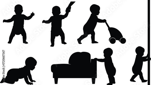 Baby silhouettes standing, crawling, walking, infant motor skills, toddler development, baby pushing toy, child growth stages, parenting support, early learning, milestone illustration