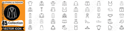Fashion and apparel 45 icons set – outline, linear, clothing, and accessories symbols
