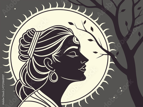 Durga Puja 2025 Illustration – Goddess Silhouette with Full Moon Vector