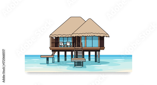A charming overwater bungalow with a thatched roof, resting on stilts above clear turquoise water.