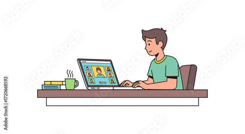 A young man is sitting at a desk, attending a video conference on his laptop.