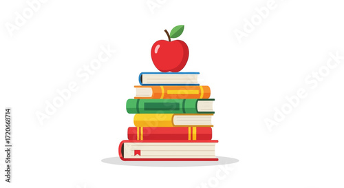A stack of colorful books with a red apple on top, representing education and learning.