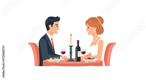A couple enjoys a romantic candlelit dinner with wine and food at a restaurant table.