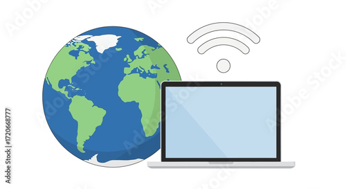 A laptop computer connected to the internet via Wi-Fi, with a globe in the background symbolizing global connectivity.