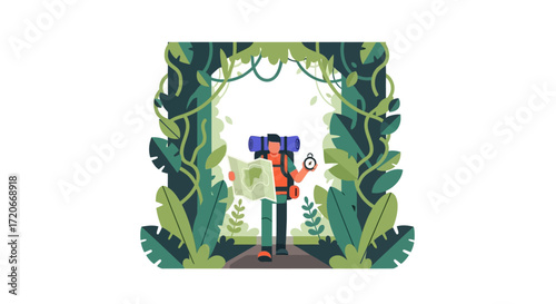 A person with a backpack and a map is walking through a jungle archway.
