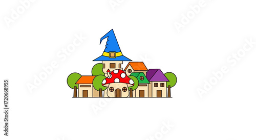 Cartoon village with houses and trees, whimsical and colorful.