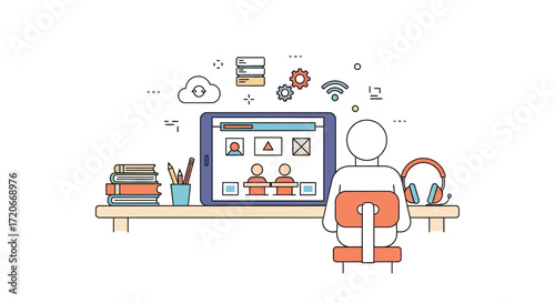 A person is sitting at a desk with a tablet displaying a video conference, surrounded by books and educational icons, symbolizing online learning and digital education.