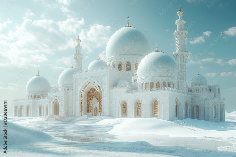 Fototapeta premium A white mosque stands out in the snow.