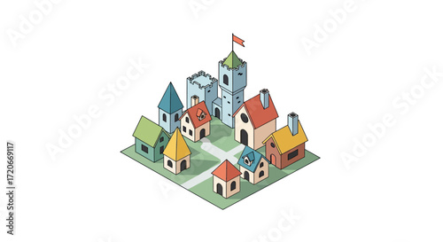Isometric illustration of a charming, colorful cartoon village with various houses and a castle on a grid base.