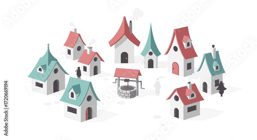 Isometric view of a charming village with various houses and a well.