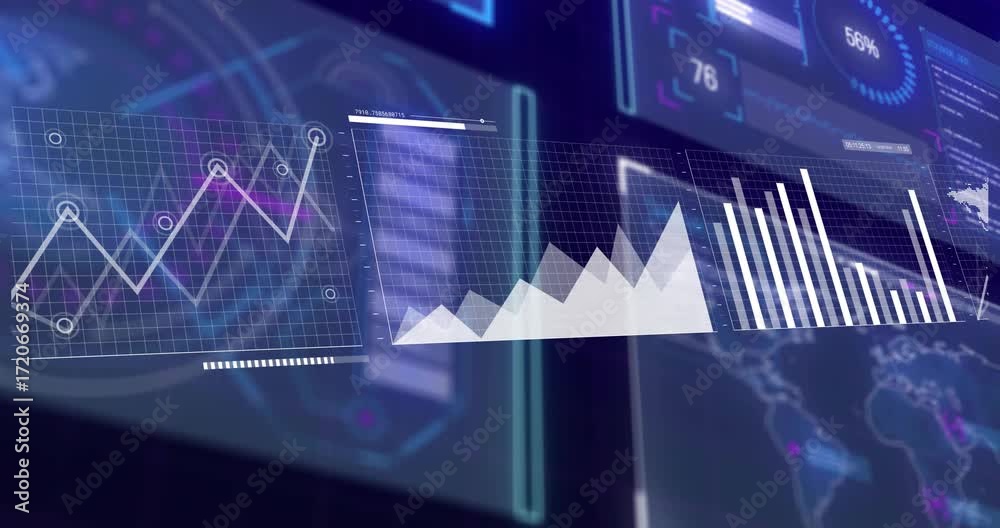 Grid appearing initiating line graph, area chart, bars, map overlay and ...
