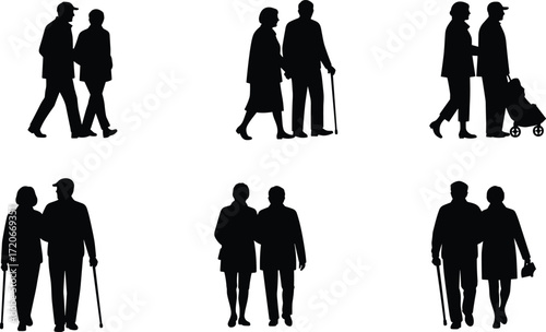 Elderly couple silhouettes, walking together, senior companionship, aging support, mobility cane, retirement lifestyle, love in old age, family care, human bond