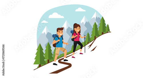 A couple hikes up a mountain trail, enjoying the scenic view of the landscape.