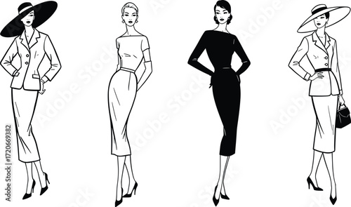 Elegant women fashion illustration, vintage clothing style, chic outfit design, classic female figure, retro dress sketch, stylish vector artwork, timeless beauty silhouette, couture inspiration