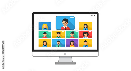 A computer monitor displaying a video conference with multiple participants.