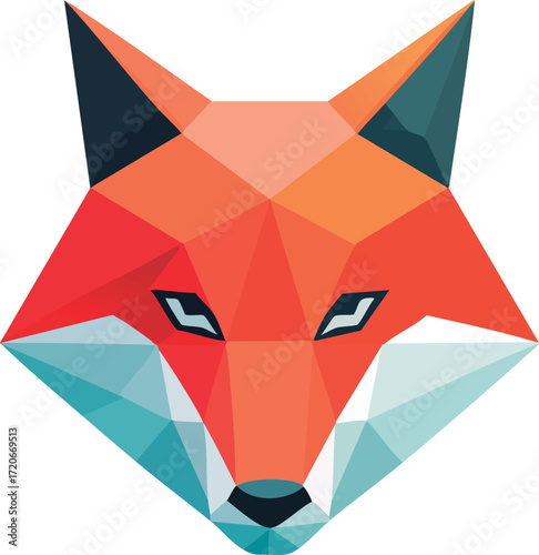 Vector logo of polygonal fox head, abstract geometric animal face with sharp triangular shapes and flat colors, modern low poly illustration for design, branding, mascot, decoration and digital projec