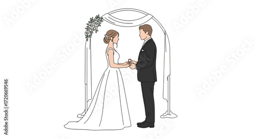 A wedding couple exchanging rings under an archway.