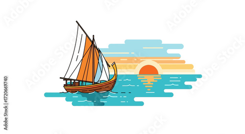 A sailboat glides across a tranquil ocean at sunset.