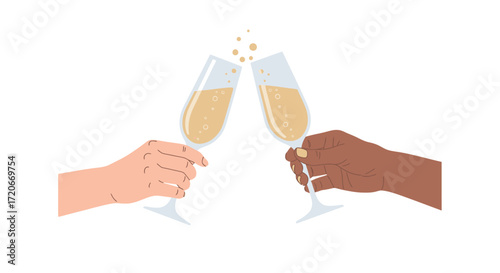 Two hands holding champagne flutes, celebrating with a toast.