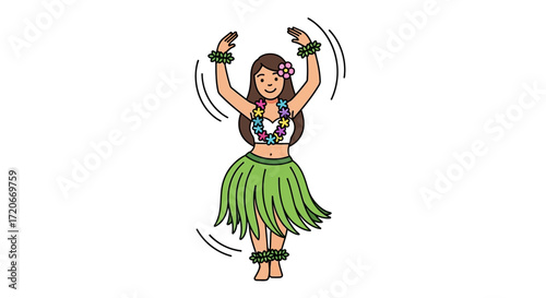 Illustration of a woman in a hula skirt dancing.