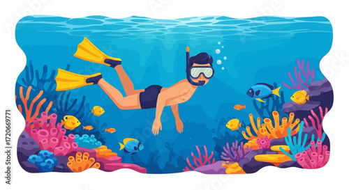 A person snorkeling underwater in a vibrant coral reef with colorful fish and diverse marine life, enjoying a tropical adventure.