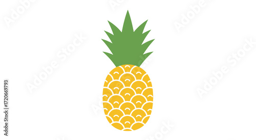 A stylized illustration of a ripe pineapple with a green leafy crown against a white background.