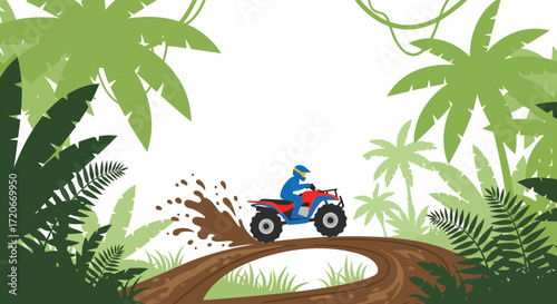 An illustration of a person riding an ATV on a muddy jungle trail.