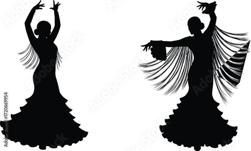 Flamenco dancer silhouette vector, traditional Spanish dance illustration, elegant woman in dress artwork, cultural performance design, passionate movement pose, festival artwork