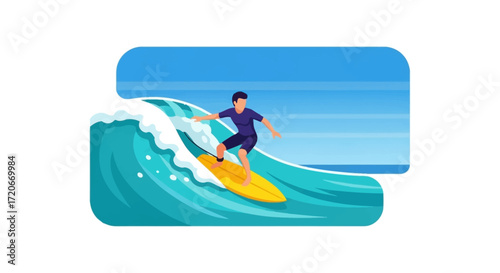 A person surfing a large wave on a yellow surfboard in a vibrant ocean scene.