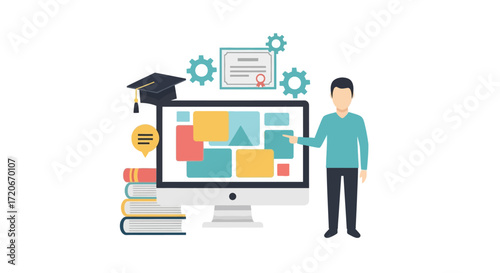 A person presenting educational content on a computer screen, surrounded by books, a graduation cap, and certificates.