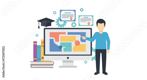 Man presenting online education course on computer screen.