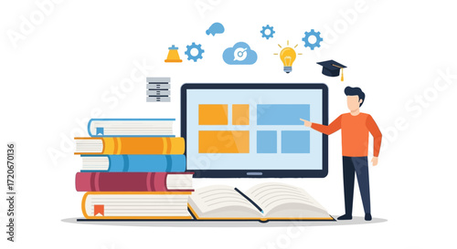 A man in an orange shirt points to a computer screen displaying a website layout, surrounded by books and educational icons, representing online learning and digital education.