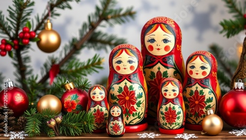 Russian matryoshka dolls in a festive Christmas setting with folk art style_12