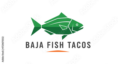 Logo for Baja Fish Tacos restaurant, featuring a stylized green fish.