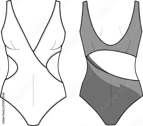 One piece swimsuit fashion flat sketch, CAD drawing vector illustration, swimwear design template, stylish women’s bathing suit technical sketch