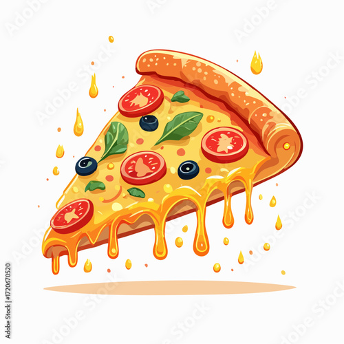Cartoon Pizza Slice with Dripping Cheese Tomato Olives and Basil.