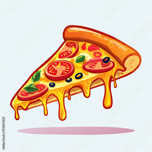 Cartoon Pizza Slice with Dripping Cheese Tomatoes Olives and Basil.