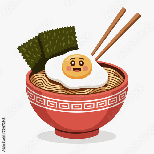 Cartoon Ramen Bowl with Smiling Egg Seaweed and Chopsticks Illustration.