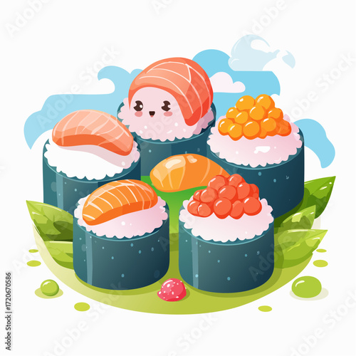 Cartoon Sushi Assortment with Salmon Roe and a Kawaii Character Topping.