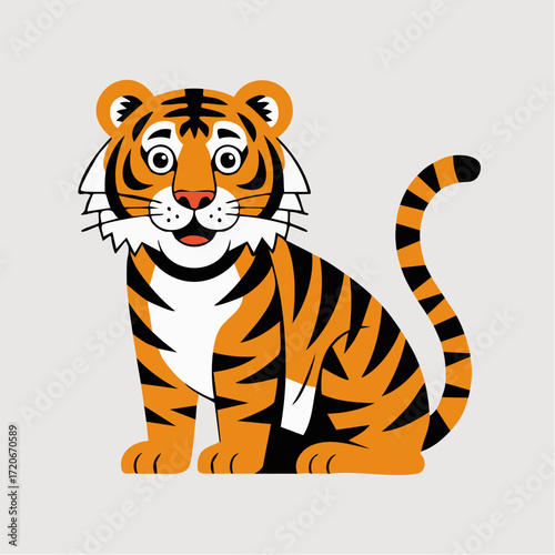 Cartoon Tiger Sitting with Striped Tail and Whimsical Expression.