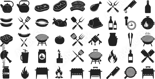 Barbecue icons set, , camping food, kitchen utensils, summer picnic, grilling essentials, black silhouette, modern illustration, BBQ party items, fire pit, meat skewers, cooking accessories
