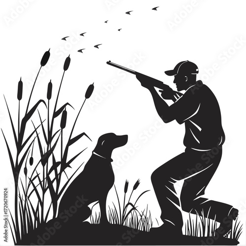 A black-and-white silhouette of a man and his dog. The man is kneeling and aiming a rifle at a flock of birds flying overhead. His dog is sitting patiently beside him. They are in a marshy area.