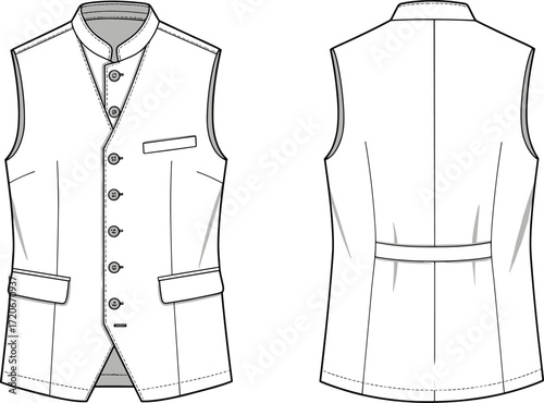 Men's vest flat vector illustration, front and back view, fashion technical drawing, garment design template, formal wear, CAD sketch, clean line art, tailoring pattern, men’s waistcoat design