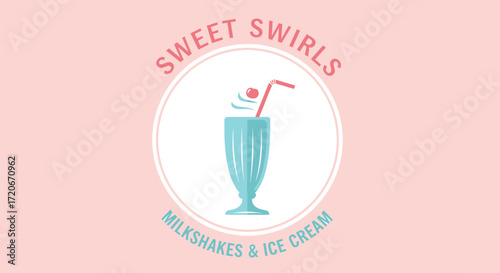 Logo for 'Sweet Swirls', a milkshake and ice cream shop, featuring a retro-style teal drink on a pink background.